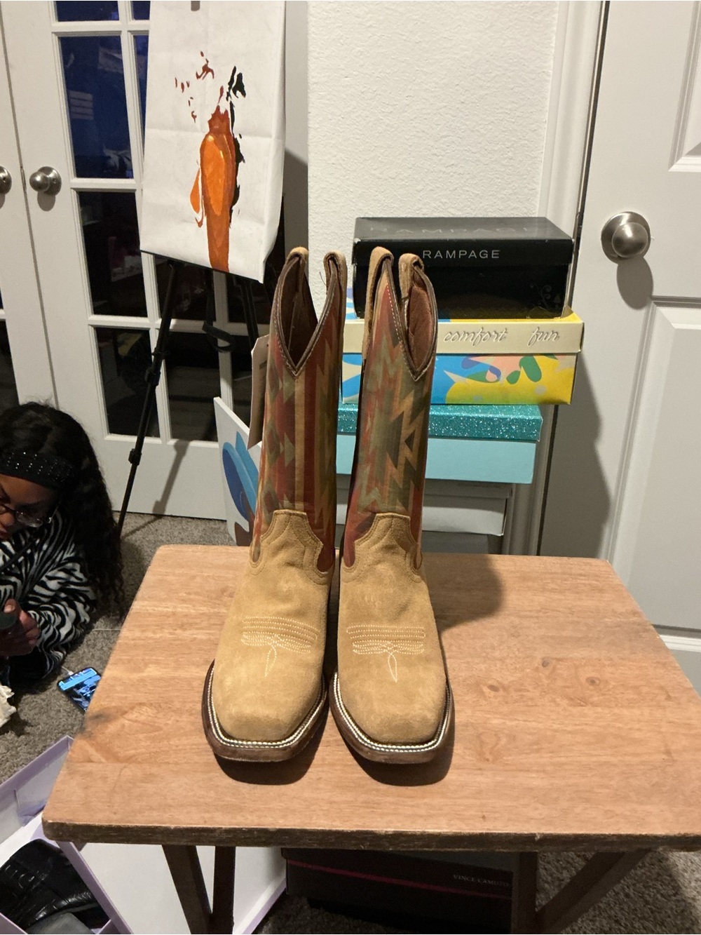 Western-Style Heeled Boots in Tan Suede with Multicolor Shaft